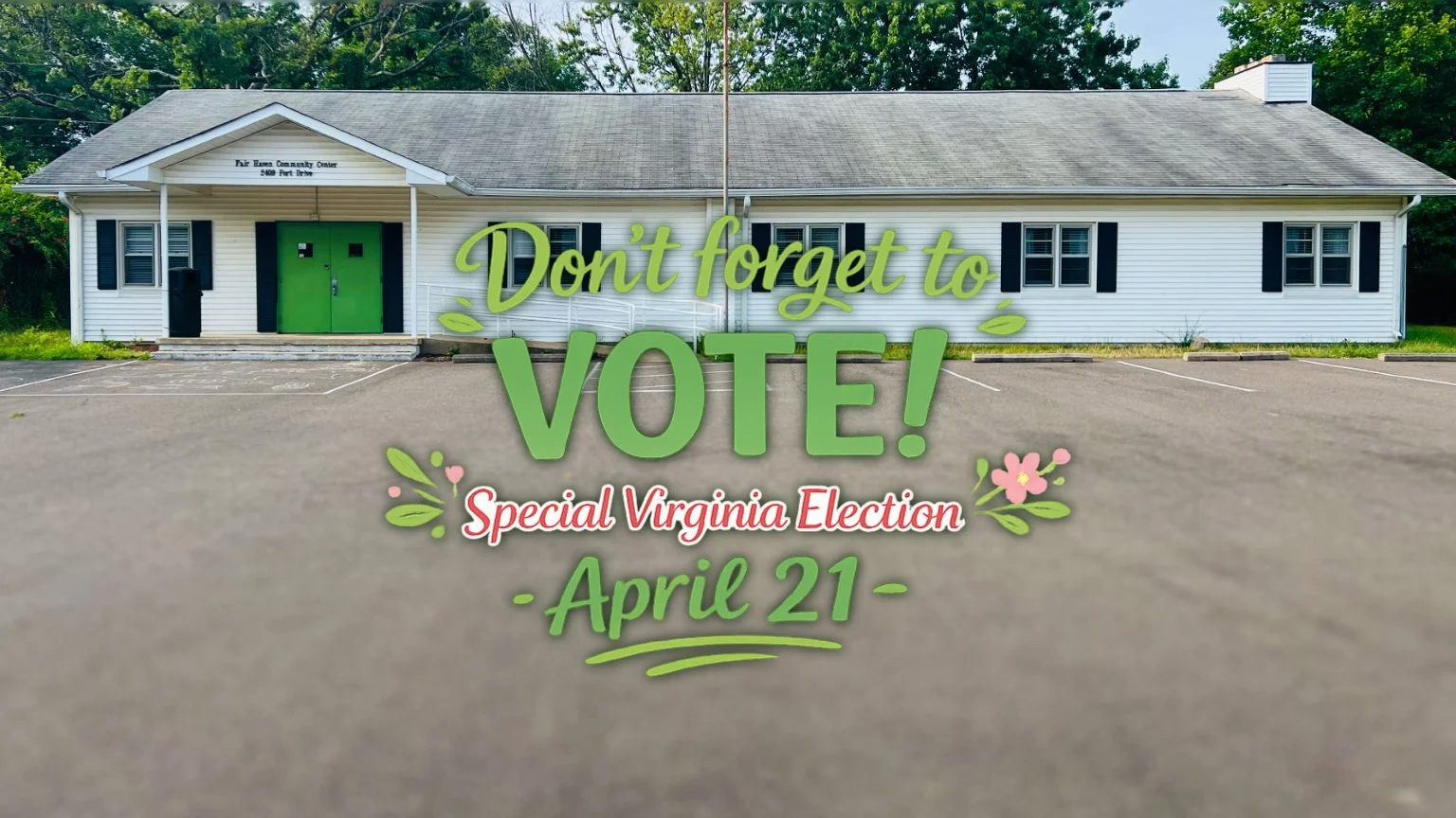 an image of the Fair Haven Community Center with the words Dont Forget To Vote, April 21 on it