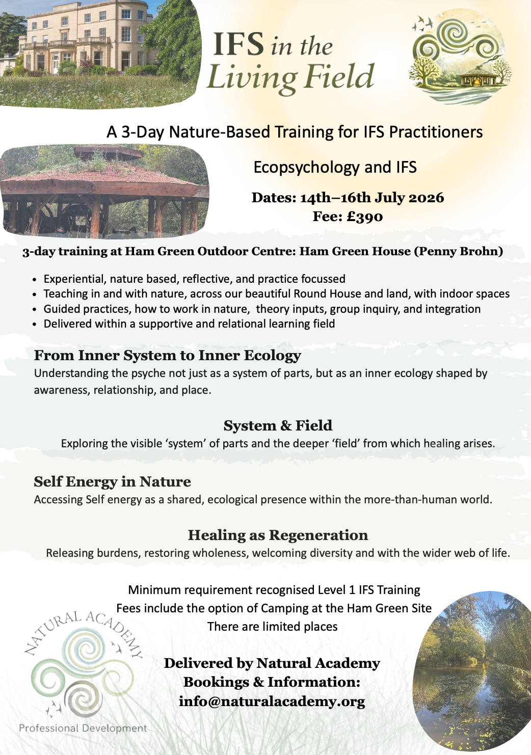 Poster for a 3-day nature-based training event called 'IFS in the Living Field' at Ham Green Outdoor Centre, July 14-16, 2026, with details about the curriculum and registration contact.