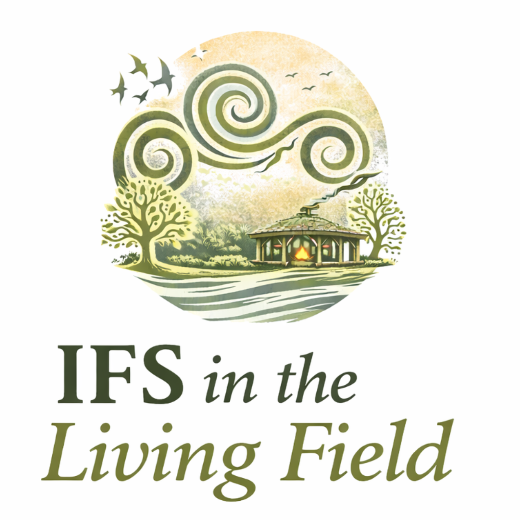 Logo with a stylized landscape featuring trees, a cabin with smoke coming from the chimney, and a swirling sky with flying birds, accompanied by the text "IFS in the Living Field."