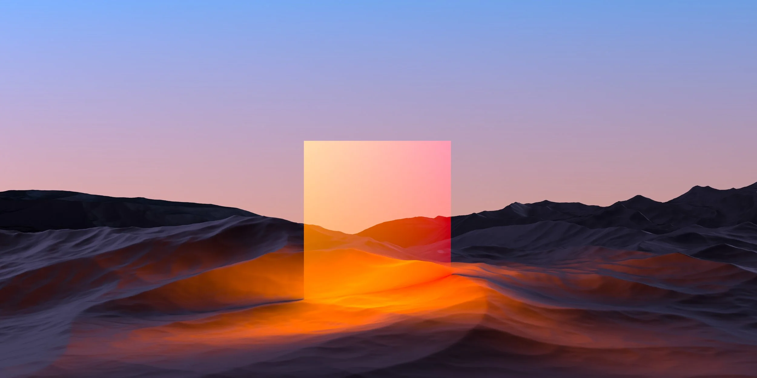 Digital artwork of a sunset over mountains with a glowing orange horizon and a pink to blue gradient sky, featuring a semi-transparent square in the center.