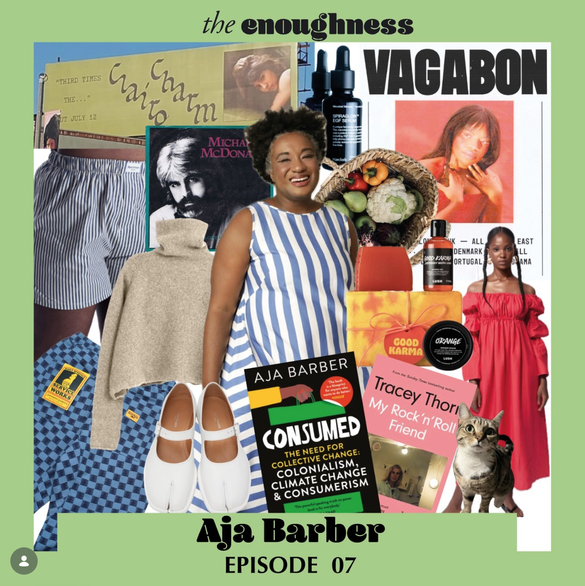 Collage with Aja Barber, a smiling Black woman in a blue and white striped dress, surrounded by books, clothing, skincare products, a cat, vegetables, and posters on a green background with text indicating 'the enoughness', 'Vagabon', and 'Aja Barber Episode 07'.