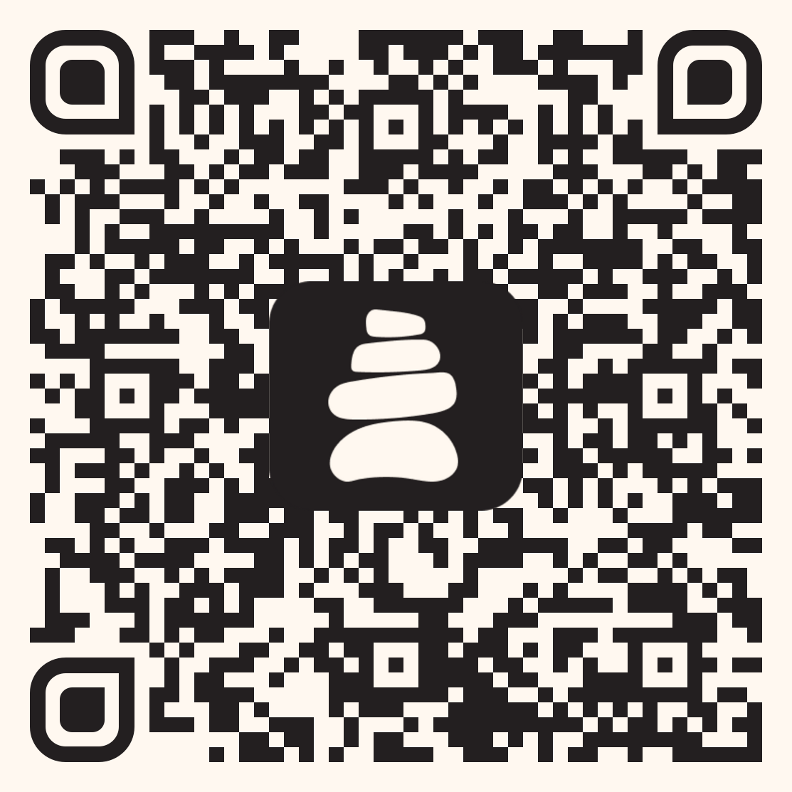 QR code with a stacked stone logo in the center.