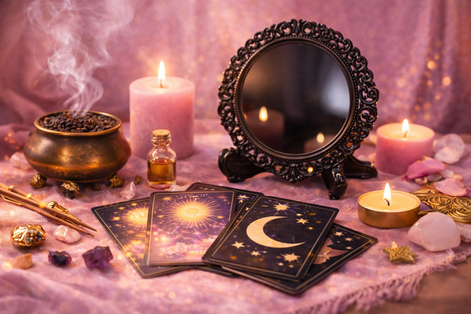 Tarot cards with celestial designs, candles, incense, crystals, and a decorative mirror on a pink cloth.