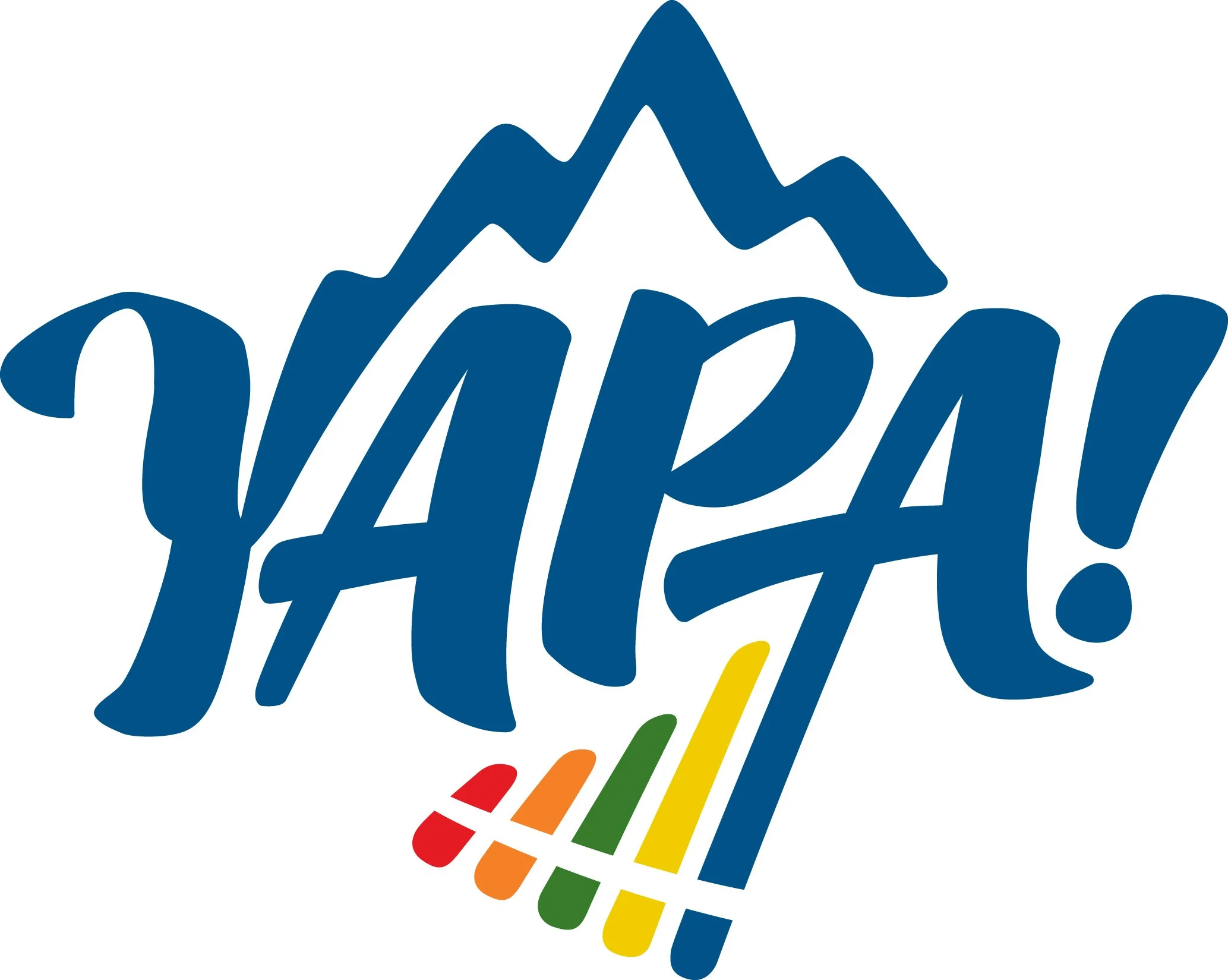 The logo of Yapa! featuring a mountain shape and a stylized text and a rainbow-colored flame symbolizing a marimba.
