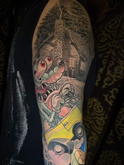 Cabin and Volkswagon Bus Rat Fink inspired Tattoo