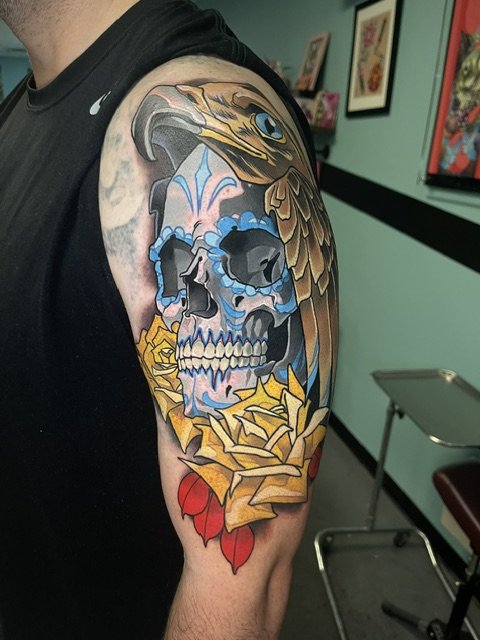 Dia De Los Muertos Skull and Golden Eagle Tattoo