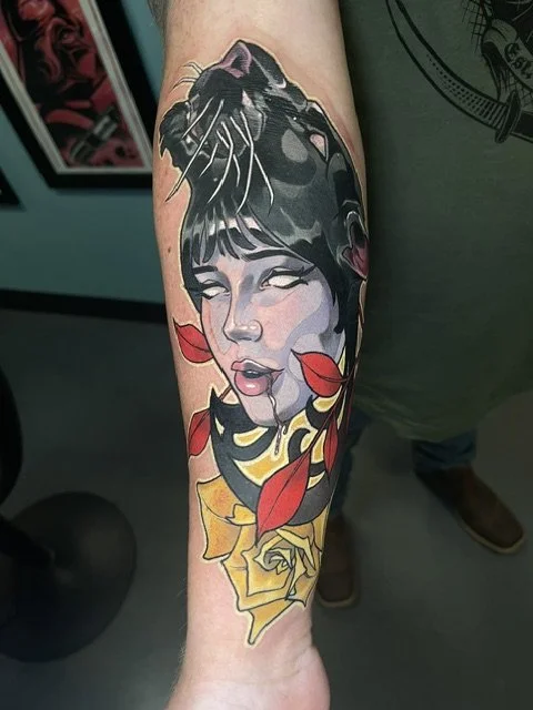 Neotraditional Panther Lady Head Tattoo