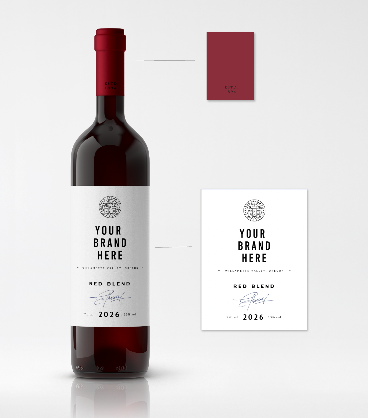 A wine bottle with a white label that reads 'Your Brand Here,' and an attached blank label. The bottle has a red capsule and is set against a white background.