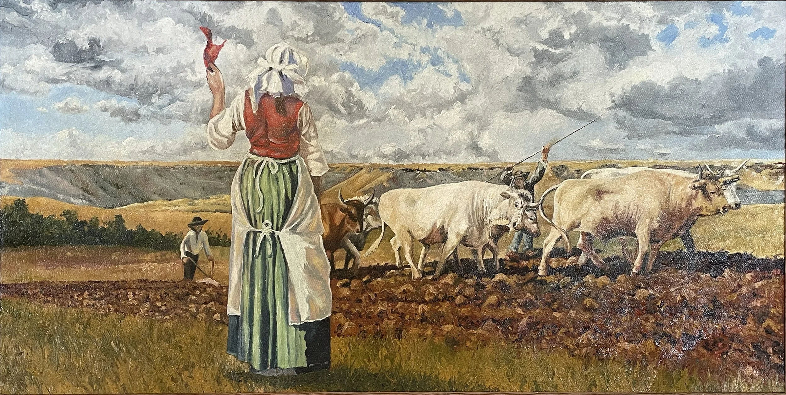 A painting depicting a woman in traditional attire with a bonnet, standing in a field watching farm workers planting or tending to crops, with oxen and a landscape of hills and a cloudy sky in the background.  This is an area in Blanco Canyon.
