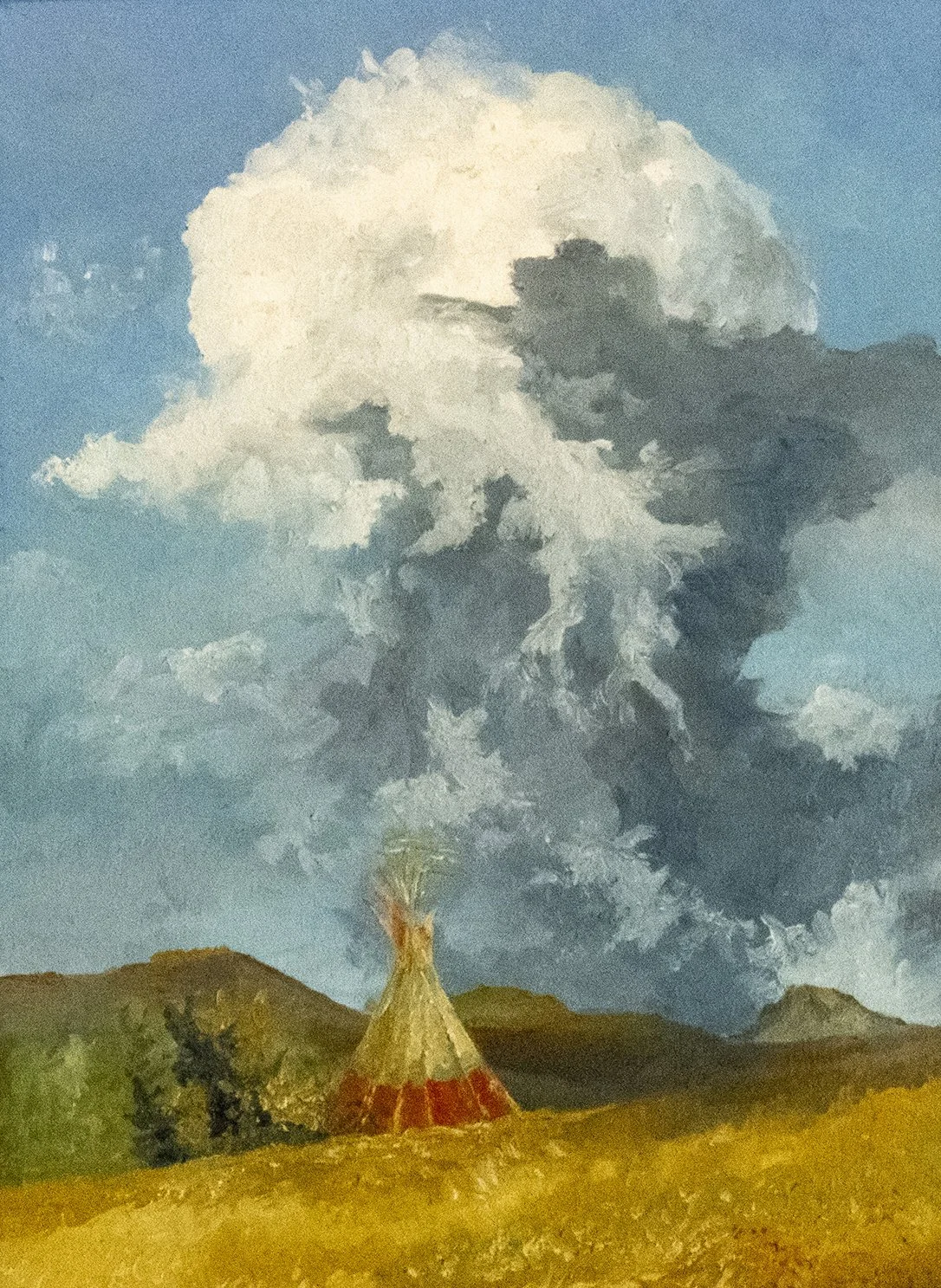 A painted landscape of a small teepee with smoke rising from the top, set in a hilly terrain under a bright sky with large, billowing clouds.