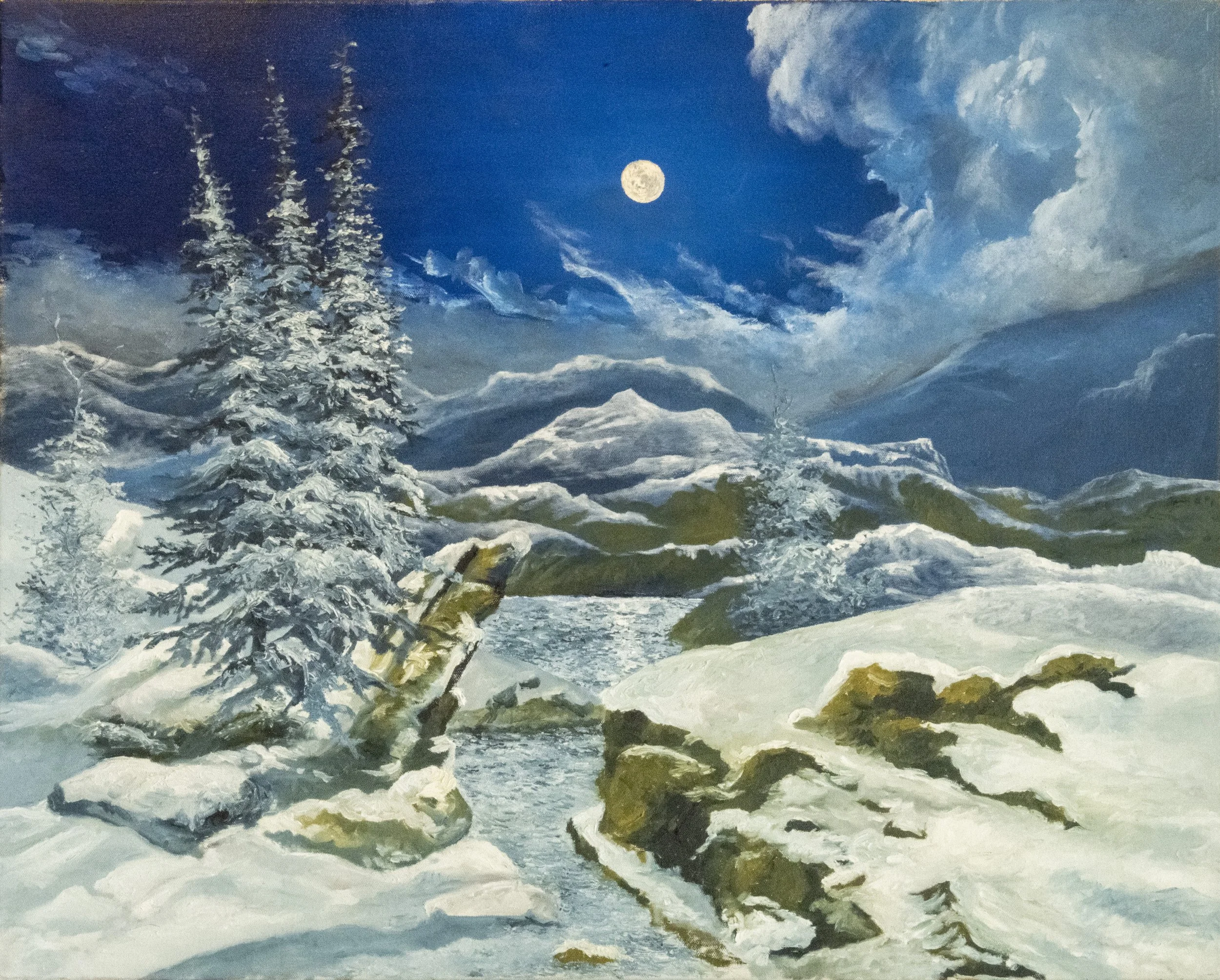 A painting of a winter landscape with snow-covered trees, mountains, a bright moon in a partly cloudy night sky, and snow on the ground.