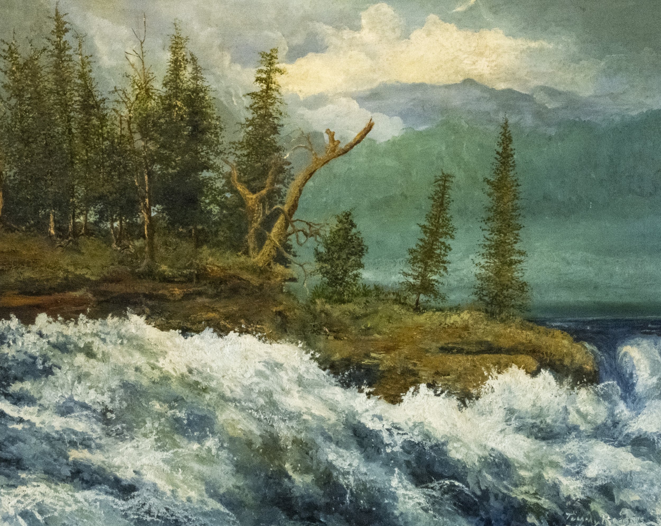 A landscape painting of mountains, trees, and a river with a cloudy sky.