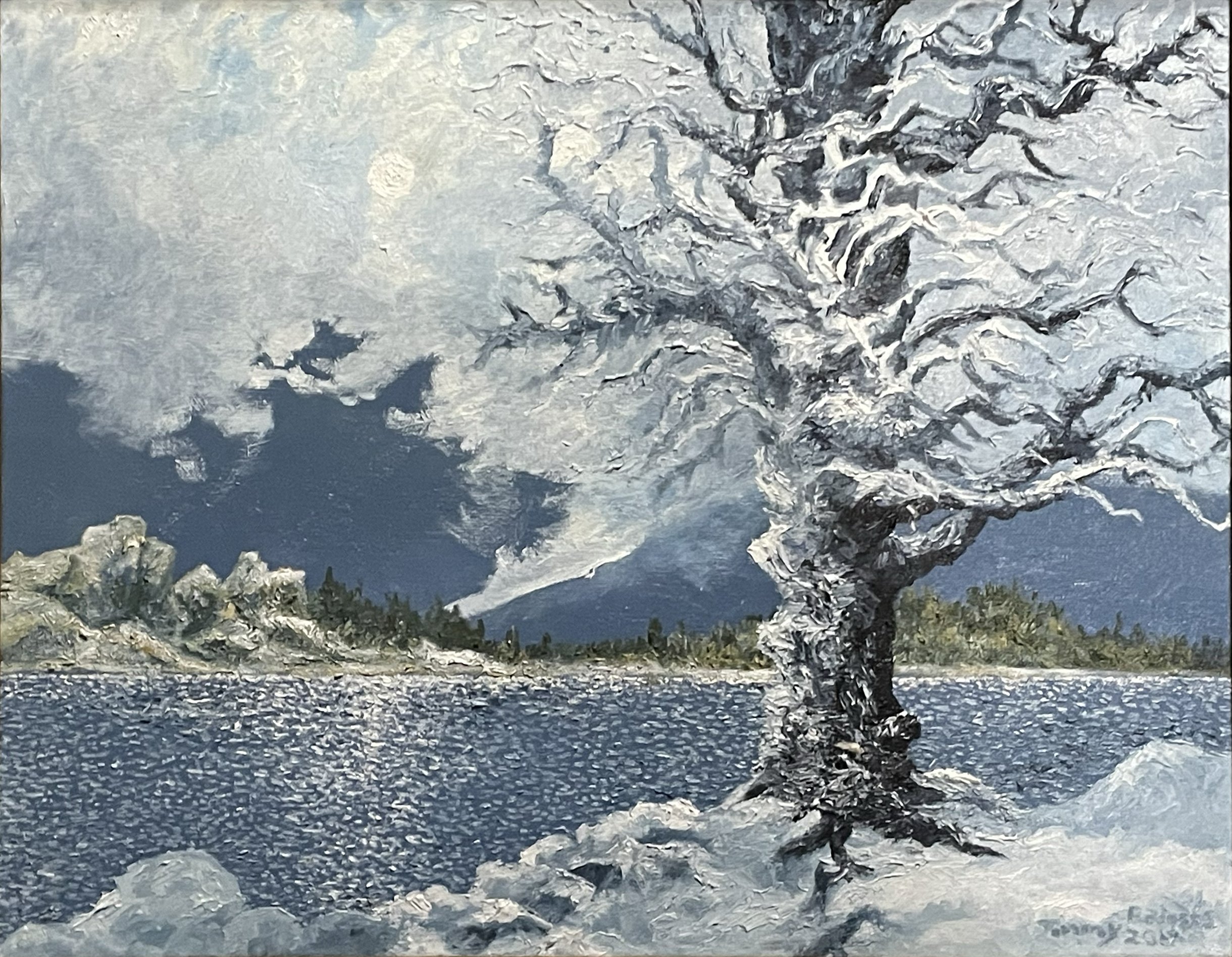 A painting of a tree with silver and black leaves beside a river, against a cloudy sky with a full moon.