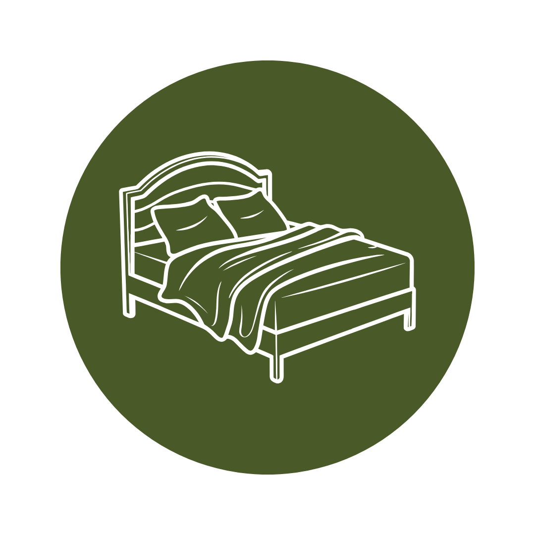 Icône d'un lit avec des oreillers et une couverture, sur fond vert.