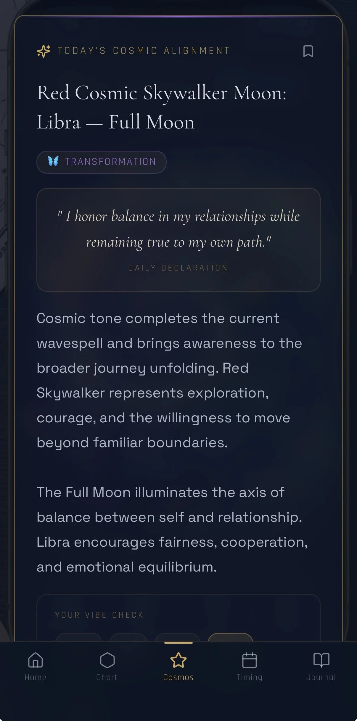 A smartphone app screen displaying today's cosmic alignment for the Full Moon in Libra, with information about the significance of the red skywalker moon and its connection to balance, exploration, courage, fairness, cooperation, and emotional equilibrium.