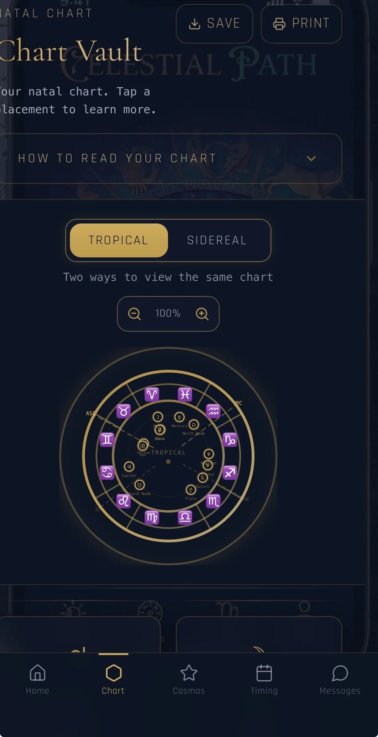 A digital astrology chart display showing zodiac signs arranged in a circle with the sun and planets, with options to switch between tropical and sidereal views.