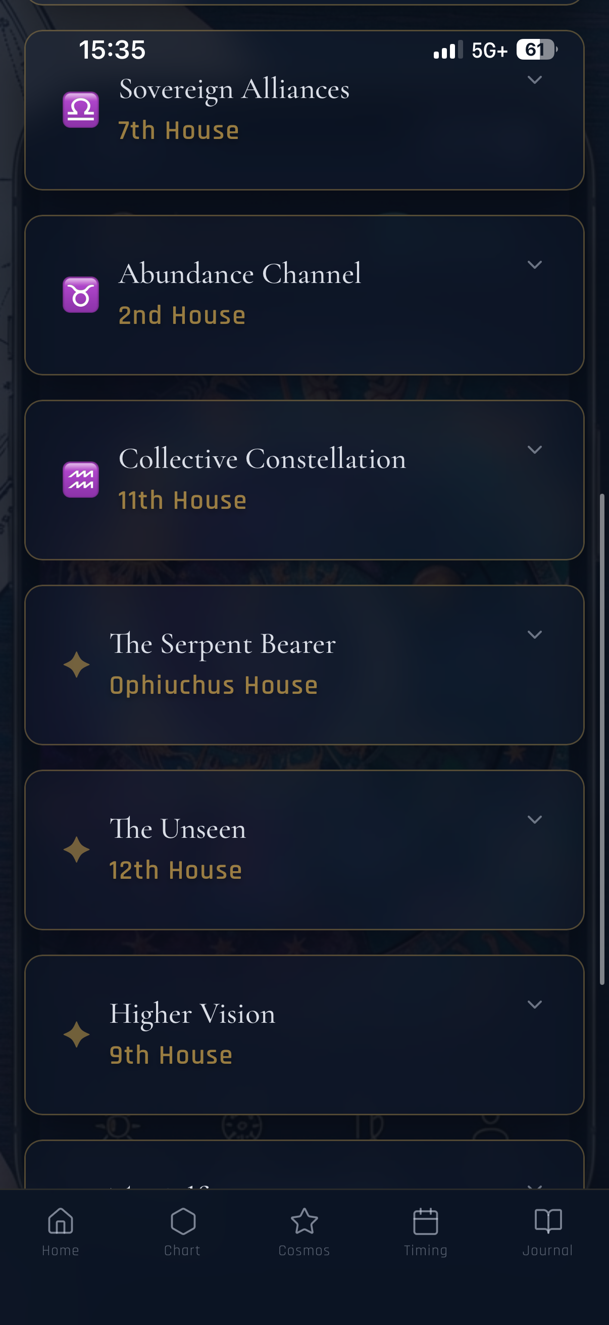 A mobile app screen showing a list of houses with names and their corresponding numbers, such as 7th House, 2nd House, 11th House, Ophiuchus House, 12th House, and 9th House, with icons and labels at the bottom for home, chart, cosmos, timing, and journal.