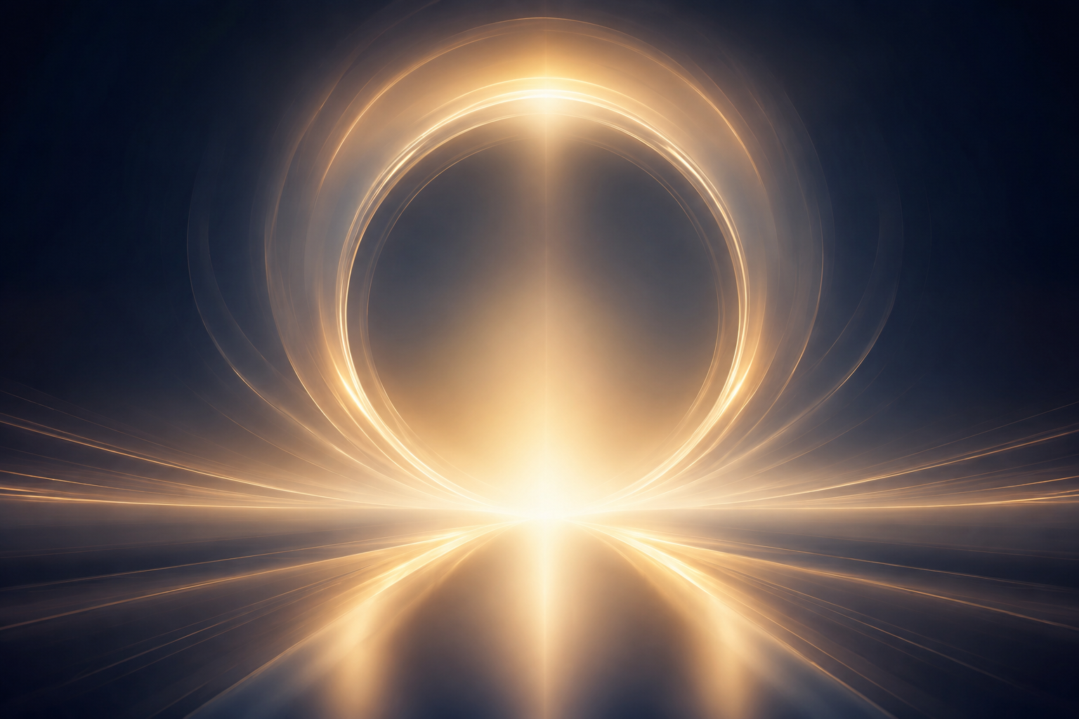 Bright glowing rings of light forming a large circular pattern with reflections on a shiny surface, creating a symmetrical abstract light display.