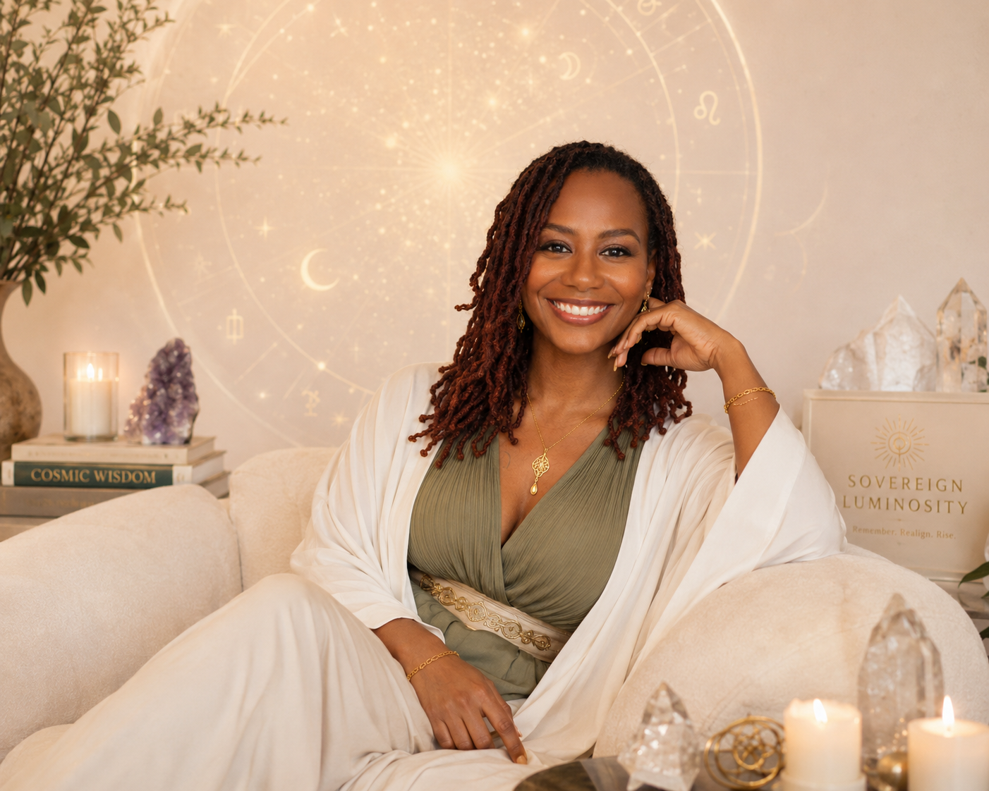 Astrologist wearing a green top and white shawl, sitting on a cream-colored couch in a room decorated with candles, crystals, plants, and books, with an astrology-themed background.