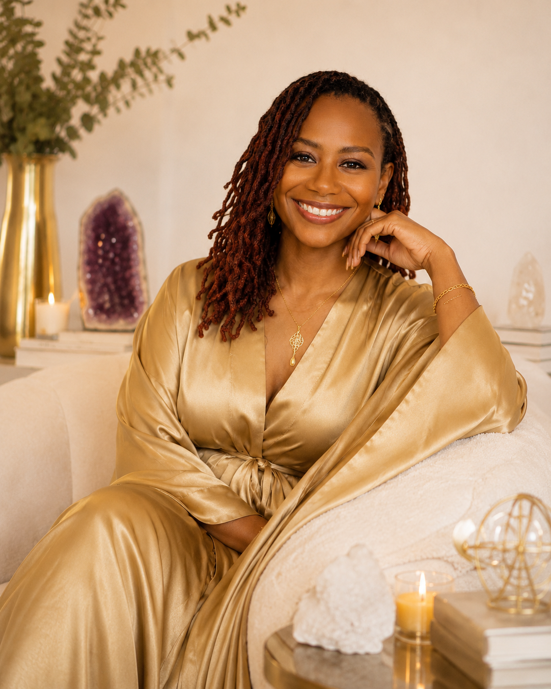 Astrologist wearing a gold satin robe, seated on a beige sofa in a room decorated with an amethyst geode, table candles, a gold vase with greenery, and other decorative objects smiling at the camera.