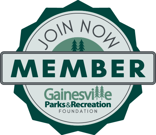 Join now member badge for Gainesville Parks & Recreation Foundation with trees and green design elements.