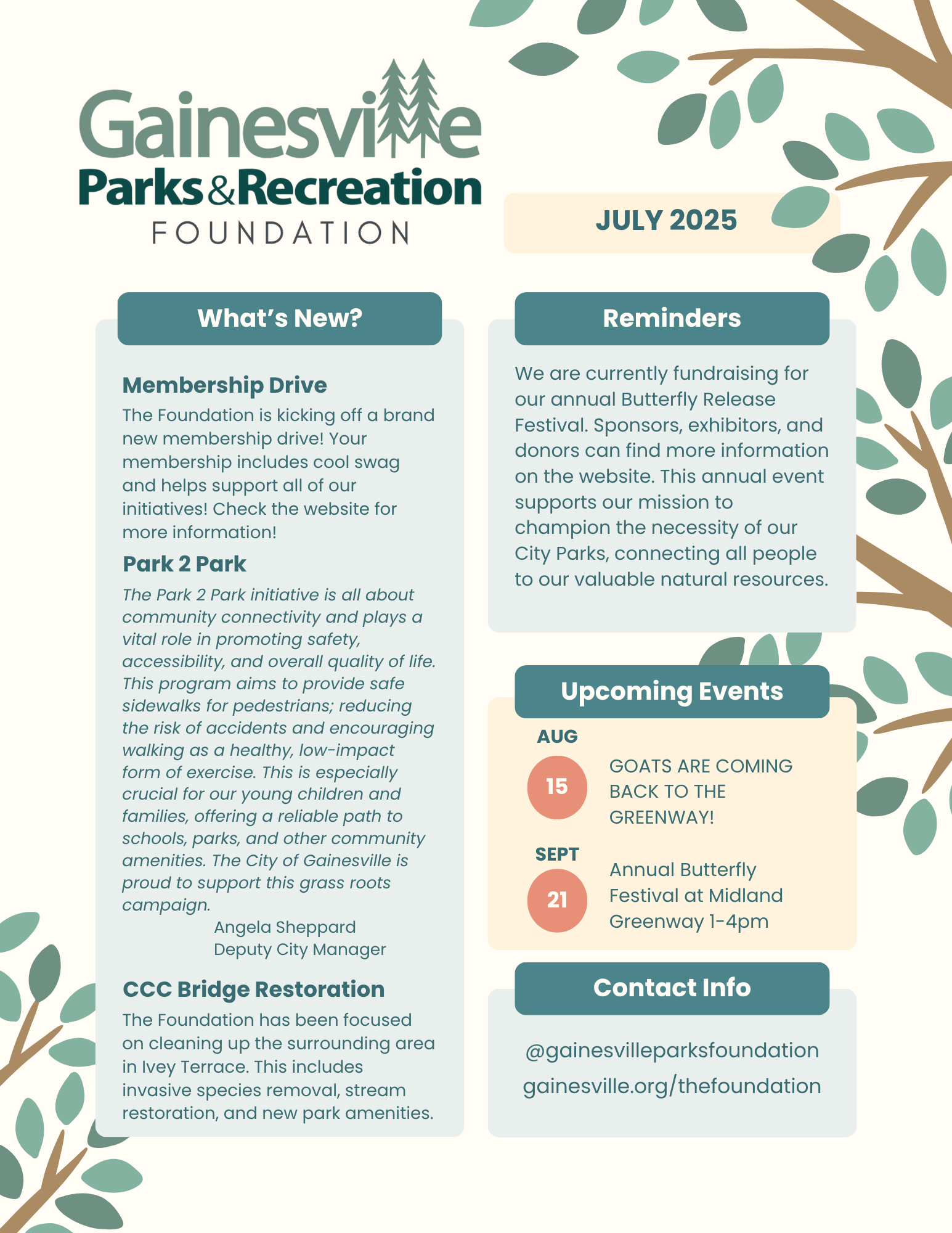A newsletter from Gainesville Parks & Recreation Foundation for July 2025, featuring updates on membership drive, Park 2 Park initiative, CCC Bridge Restoration, upcoming events, and contact info, with decorative tree and leaf illustrations.