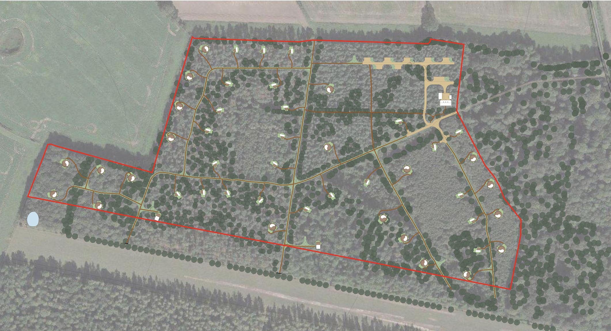 An overhead map with a read line indicating the space planned for the cabins.