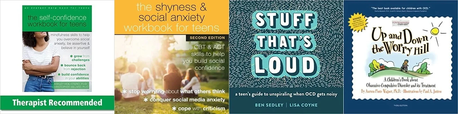 Four book covers on mental health and social anxiety for teens, featuring titles about self-confidence, social anxiety, OCD, and obsessive-compulsive disorder.
