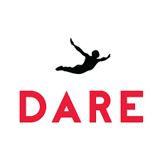 A silhouette of a person jumping with arms outstretched above the word "DARE" in bold red letters.