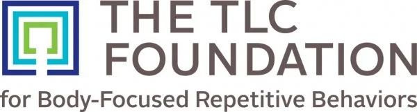 Logo for the TLC Foundation with a stylized, layered square design in green, blue, and dark blue, and text reading 'The TLC Foundation for Body-Focused Repetitive Behaviors'