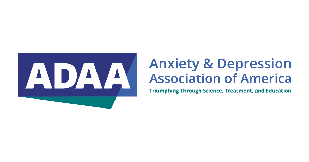 Logo of the Anxiety & Depression Association of America, with the acronym 'ADAA' in bold white letters on a dark blue background, and the full organization name with slogan 'Triumphing Through Science, Treatment, and Education' in smaller font.
