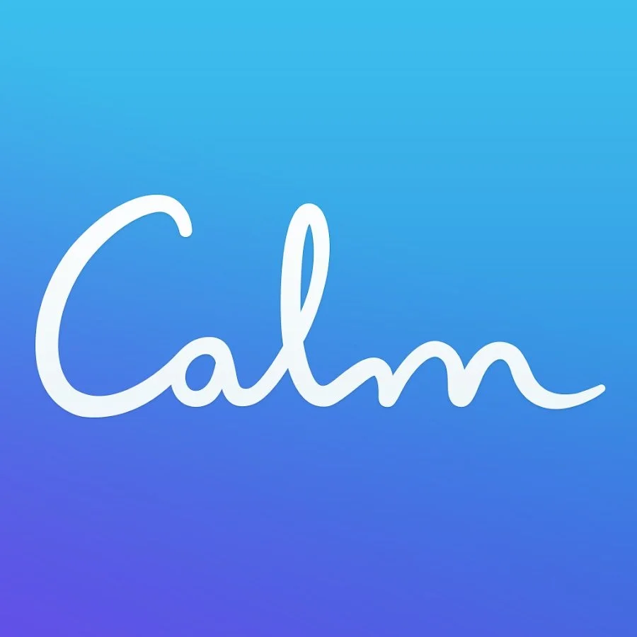 Calm logo with blue gradient background and the word "Calm" written in white cursive font.