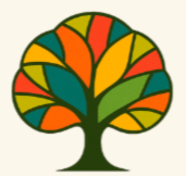 A colorful tree with a round canopy made of various multicolored leaf shapes.