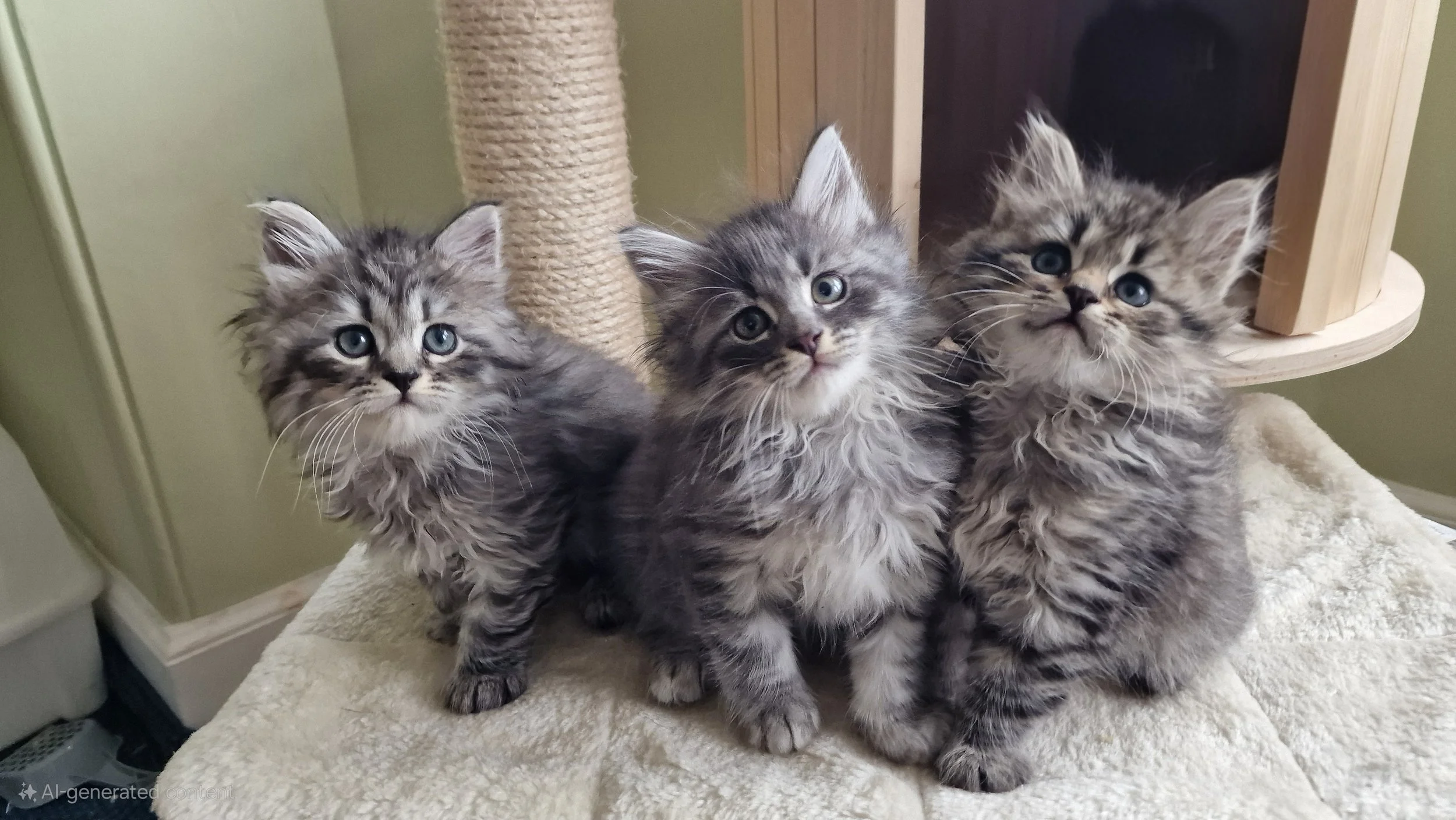 Three fluffy gray tabby kittens with blue eyes sitting on a beige cushioned surface, with a cat scratching post and a wooden shelf in the background.