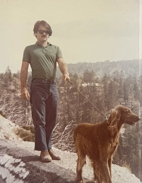 A person wearing sunglasses and a green polo shirt walking a brown Irish Setter dog on a leash along a mountainous trail.