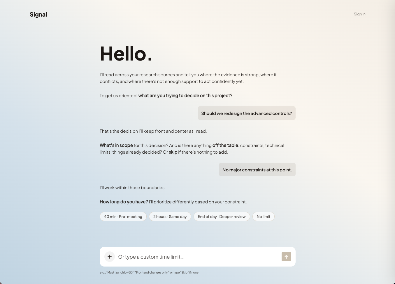 Screenshot of a web page with a beige and light blue gradient background, displaying a message discussing decision-making and project constraints with buttons for selecting time limits.