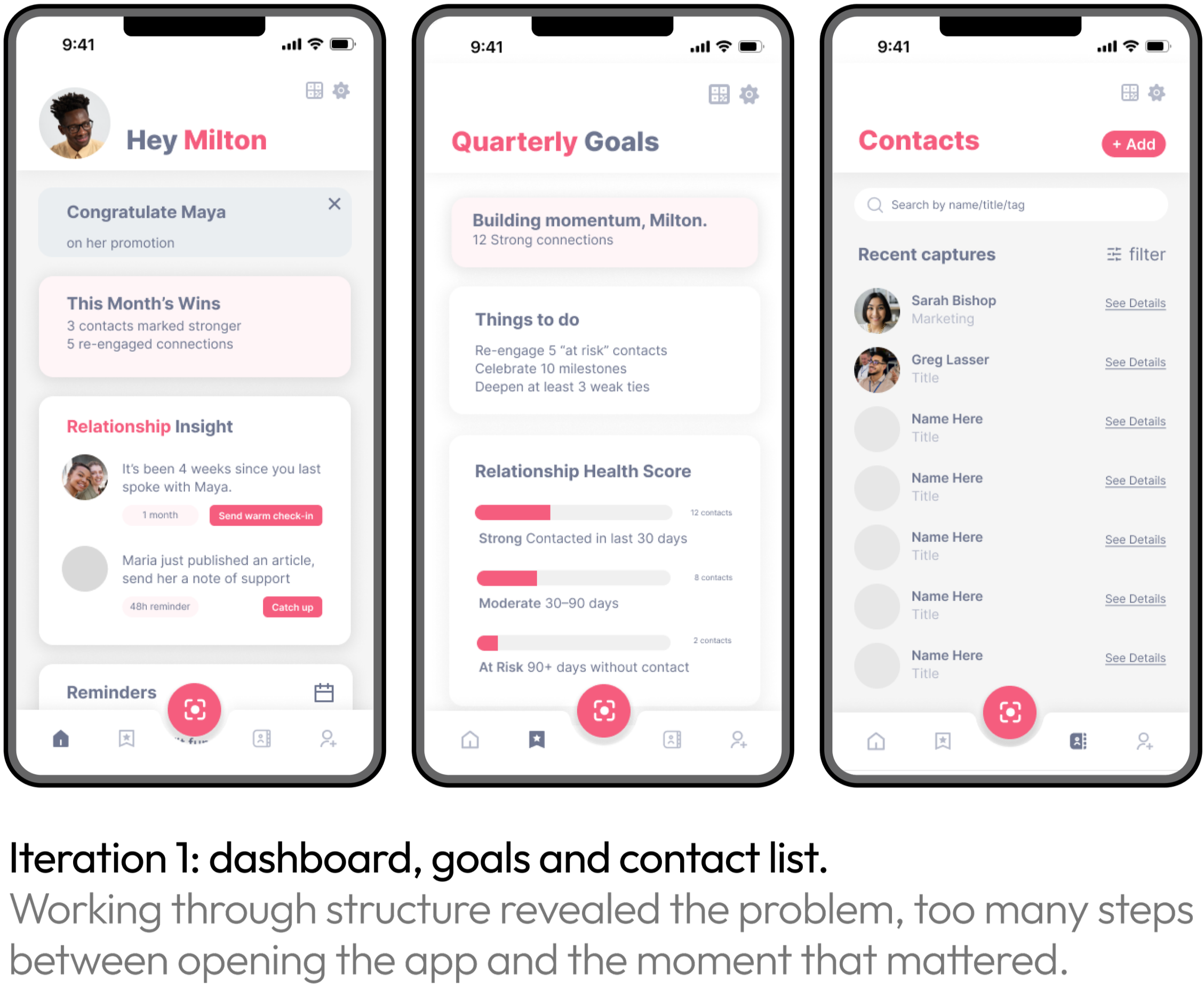Three smartphone screens displaying a relationship management app. The first screen greets a user named Milton, showing updates like recent wins, relationship insights, and reminders. The second screen shows quarterly goals and relationship health scores. The third screen displays contacts with recent interactions and options to add new contacts.
