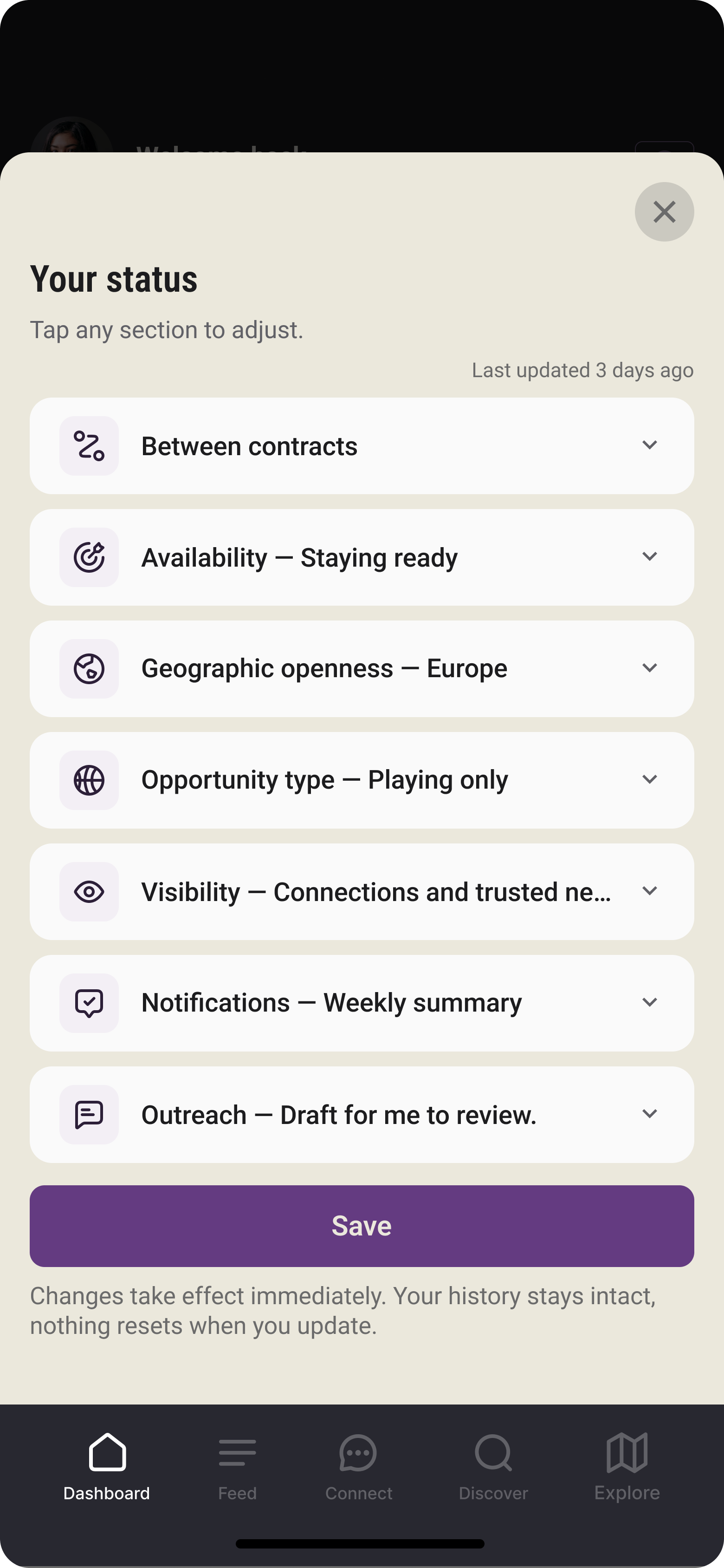 Mobile app screen showing user status settings for a social or networking platform. Options include 'Between contracts', 'Availability — Staying ready', 'Geographic openness — Europe', 'Opportunity type — Playing only', 'Visibility — Connections and trusted ne...', 'Notifications — Weekly summary', and 'Outreach — Draft for me to review.'