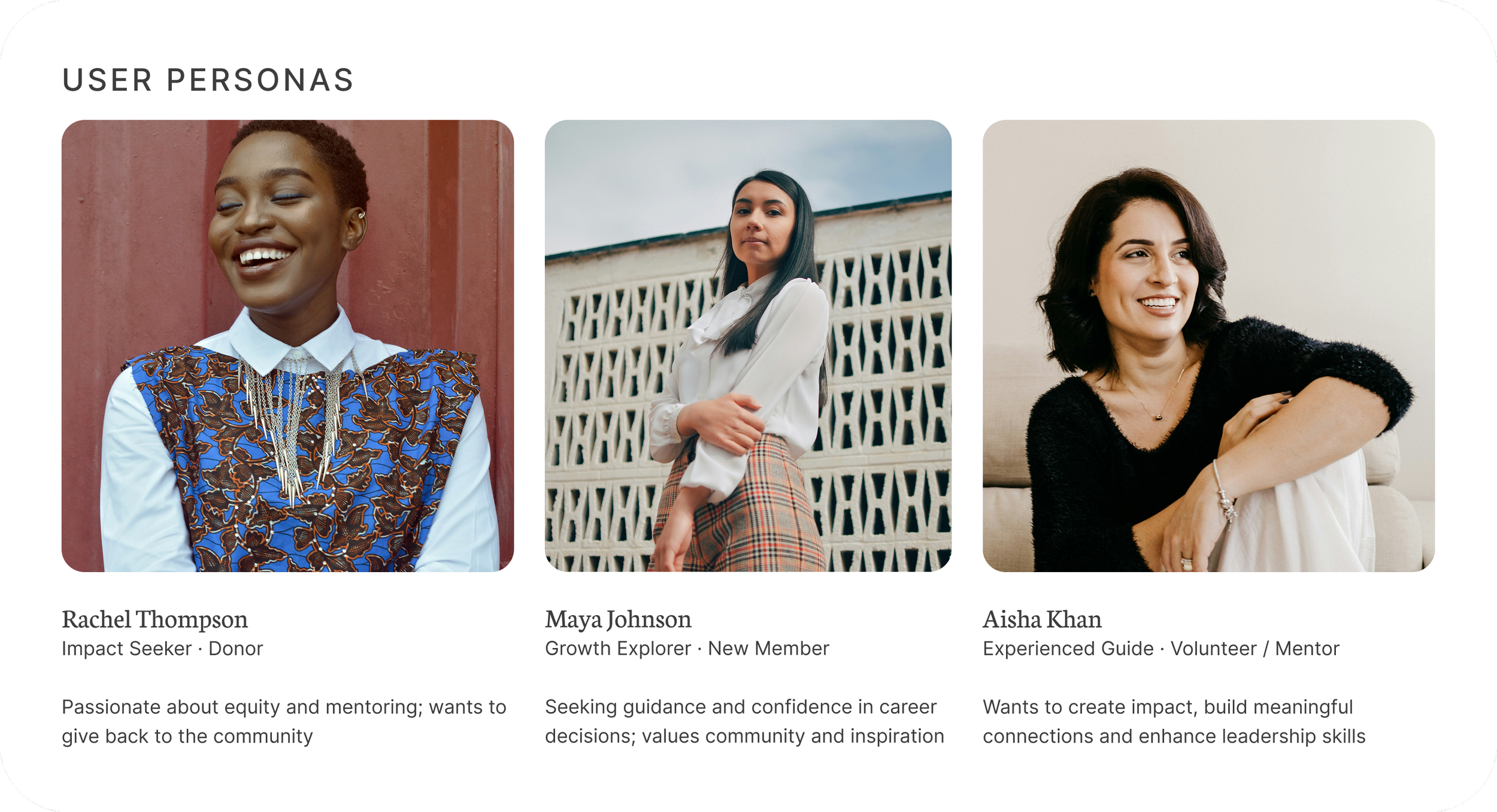 Three women with their names and descriptions beneath their photos. The first woman, Rachel Thompson, is smiling and is described as an Impact Seeker and Donor who is passionate about equity and mentoring. The second woman, Maya Johnson, is standing with arms crossed with a serious expression, labeled as a Growth Explorer and New Member seeking guidance and confidence in career decisions. The third woman, Aisha Khan, is sitting and smiling, described as an Experienced Guide, Volunteer, or Mentor aiming to create impact, build connections, and enhance leadership skills.