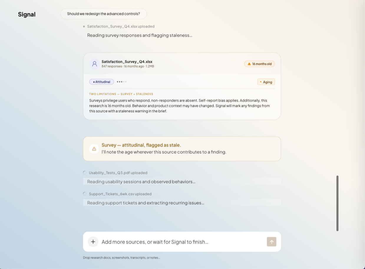 Screenshot of a data analysis or research platform showing a list of interview or survey files, their statuses, ages, and descriptions, with options to add more sources.