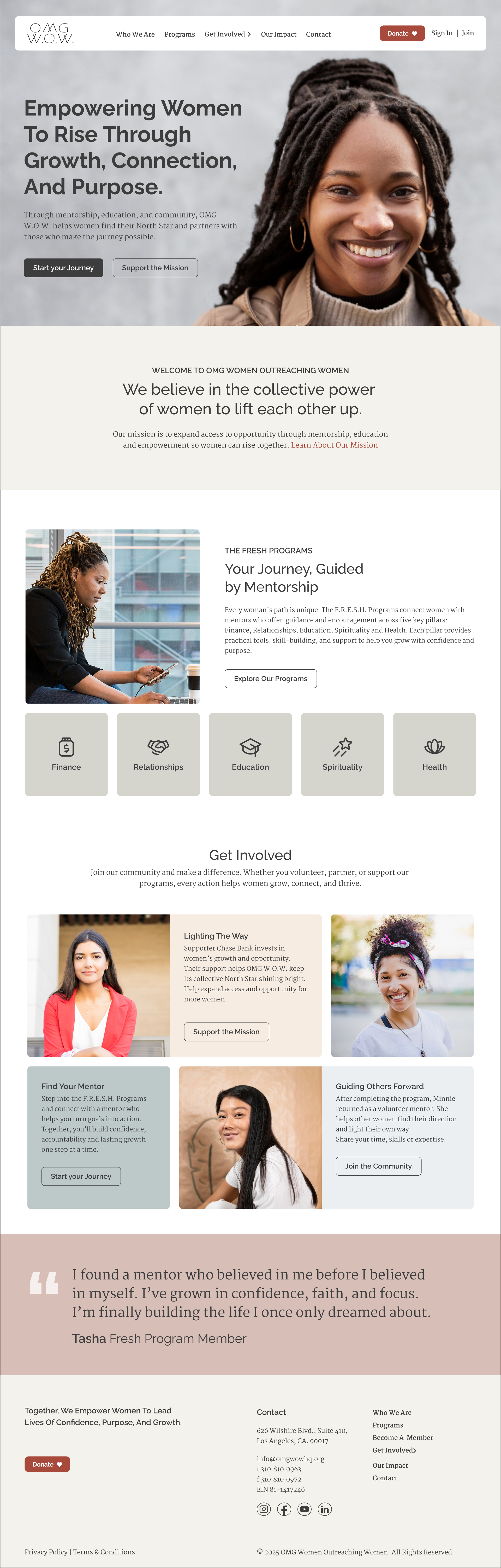 Homepage of OMG Women Outreach Women website featuring a smiling woman with dreadlocks, navigation menu, call-to-action buttons, program details, and photos of diverse women engaged in community activities.