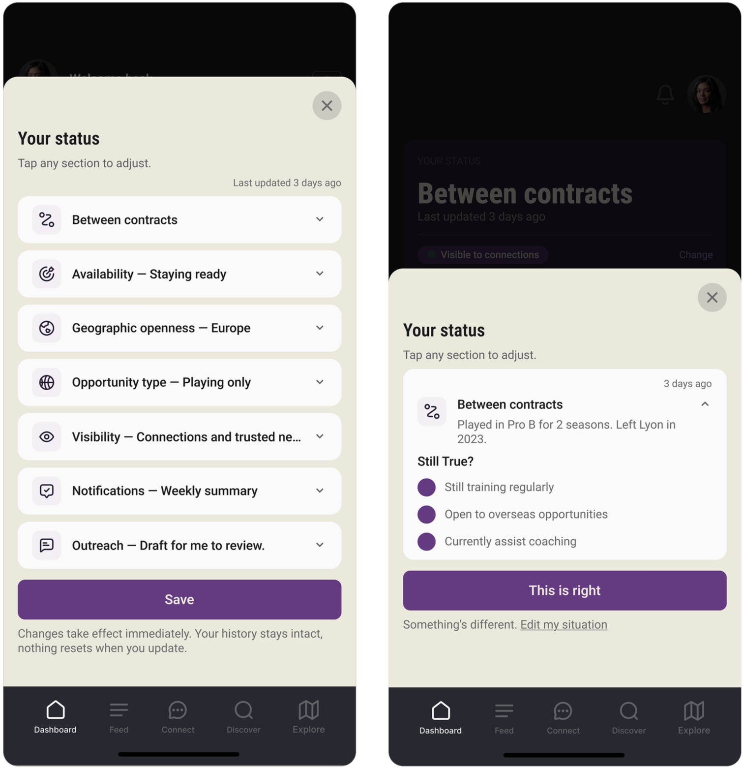 Screenshot of a mobile app displaying user status settings and detailed status update about contracts, including training, overseas opportunities, and coaching, with options to edit situation and save changes.