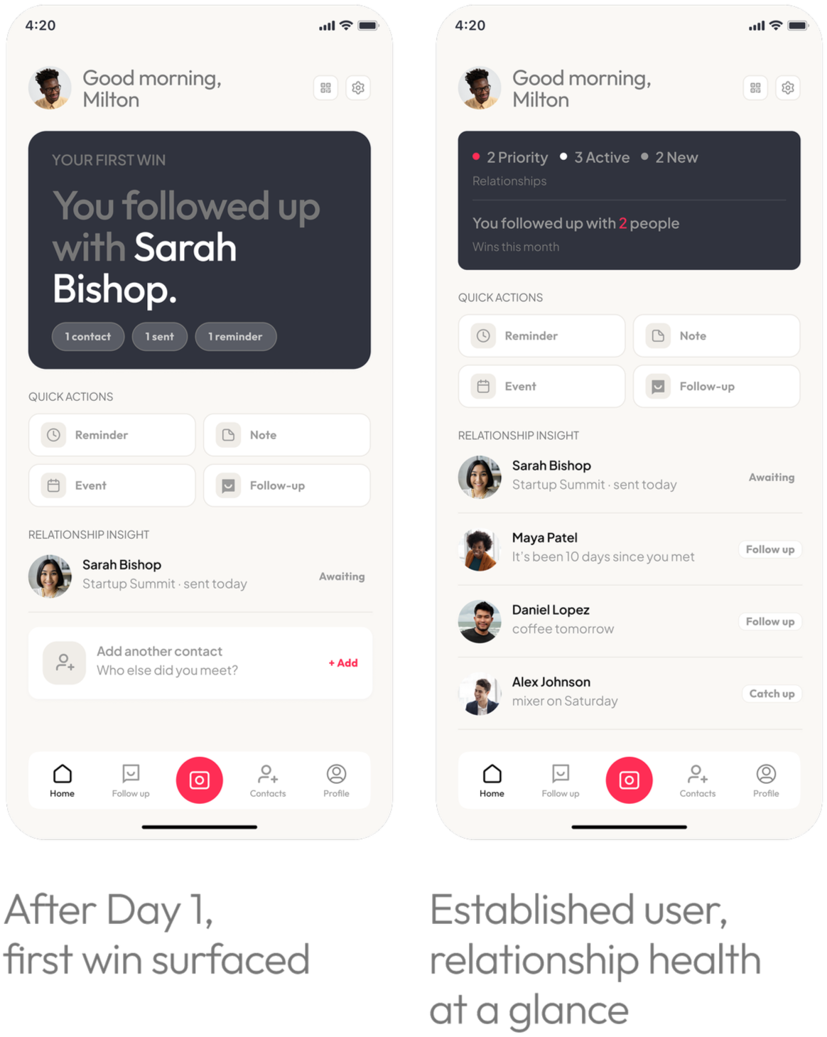 Screenshots of a mobile app interface showing relationship management and contact tracking features. The left screenshot highlights a new connection with Sarah Bishop, while the right shows a relationship overview with multiple contacts including Sarah Bishop, Maya Patel, Daniel Lopez, and Alex Johnson.