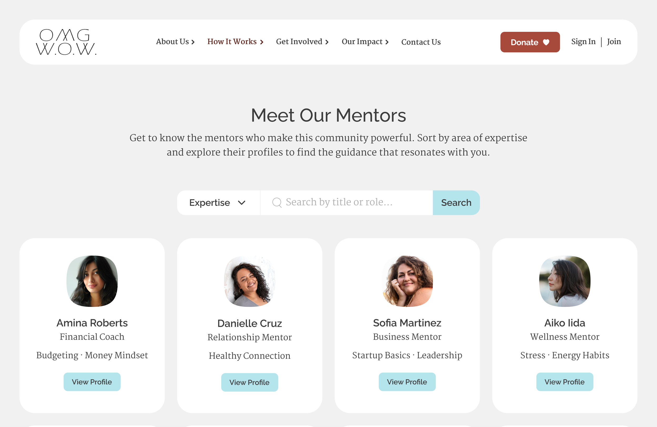 Screenshot of a mentorship webpage featuring profiles of four women, with details about their names, roles, and expertise, and with a search bar to find mentors by expertise.