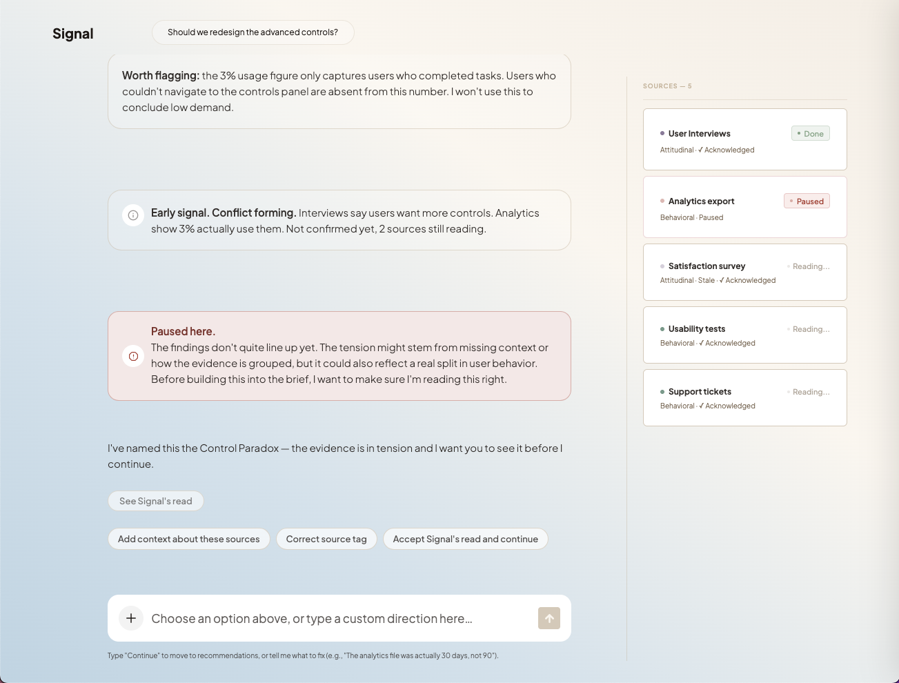 A screenshot of a webpage discussing signal analysis with sections on flagging, early signals, and paused findings. There is a list of sources on the right showing interview and survey results, with some sources marked as acknowledged and paused. Buttons at the bottom allow for adding context, correcting sources, and accepting the read.
