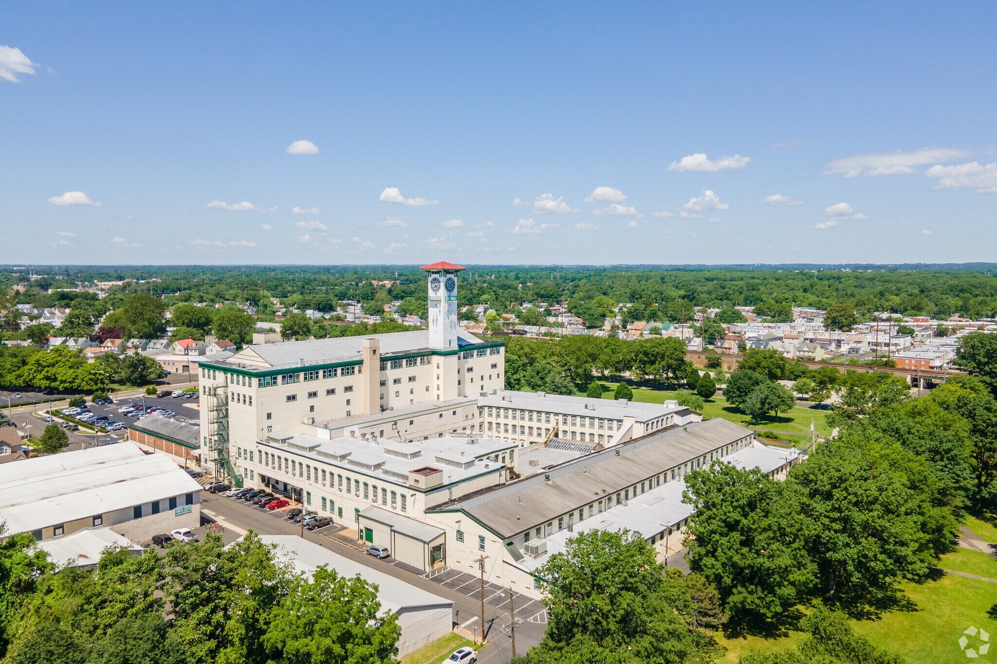 Aerial view of Grundy Commons in Bristol, Pennsylvania, the building housing Tim Witherspoon Jr.'s Witherspoon Boxing and Fitness gym.