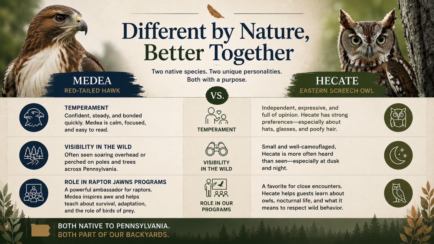 comparison of Medea the red-tailed hawk and Hecate the eastern screech owl