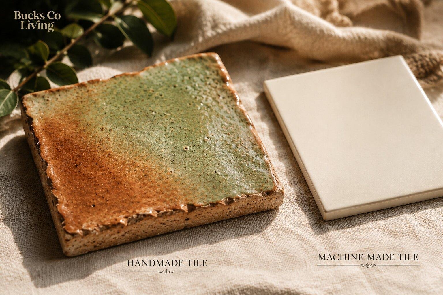 Comparison of handmade and machine-made tile edges and glaze texture 