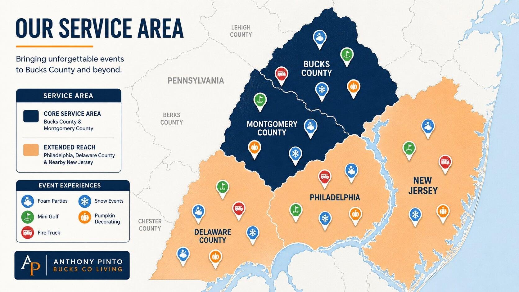 PA Fun Company service area across Bucks, Montgomery, and the Philadelphia region 