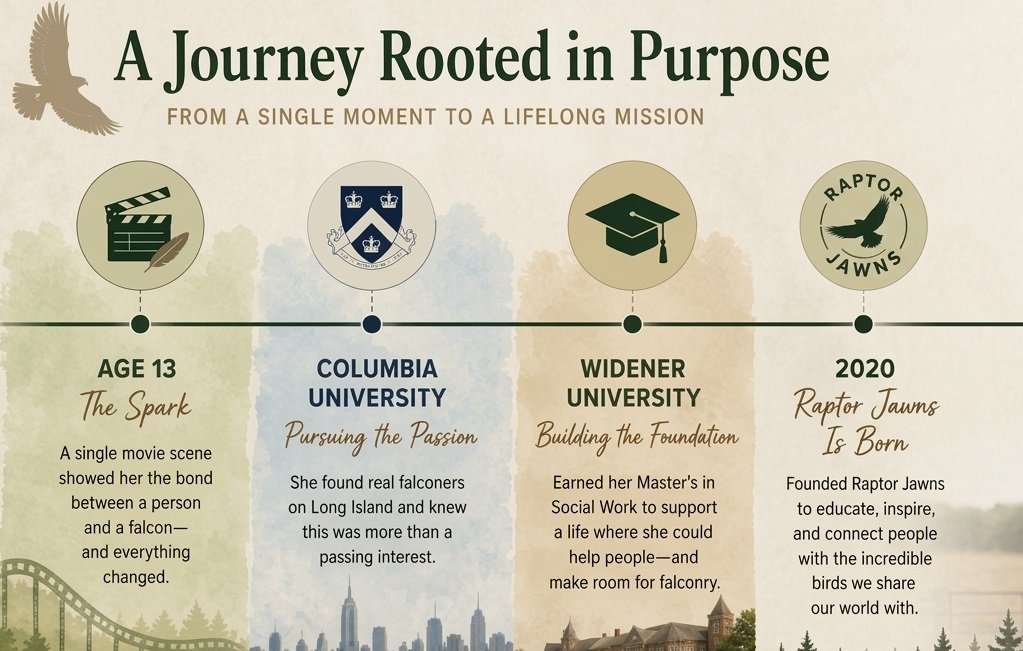 timeline of Courtney Douds’ journey from discovering falconry at 13 to founding Raptor Jawns